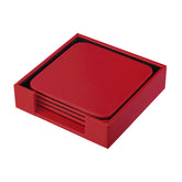Red Leatherette 4 Square Coaster Set w/ Holder